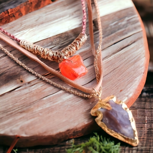 🆕️ Indian Handcrafted Carnelian & Brown Agate Boho Chic Layered Necklace Set 🌟 - Picture 9 of 13